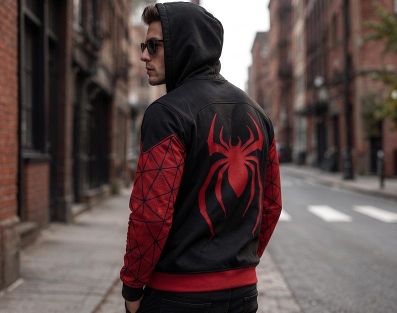 May include: Black hooded jacket with red accents and a large red spider emblem on the back. The sleeves feature a geometric red pattern. The jacket has a red band at the waist and cuffs.