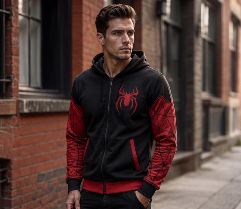 May include: Black zip-up hoodie with red accents and a red spider emblem on the chest. The sleeves feature a red web design. The hoodie has a red trim at the bottom and around the pockets.