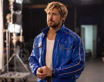 Ryan Gosling The Fall Guy Inspired Blue Leather Jacket – Colt Seavers Movie Replica – Faux & Real Leather Bomber – Gift for Men