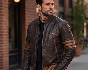 X-Men Wolverine Inspired Brown Striped Leather Jacket for Men – Logan Inspired Biker Style Jacket.