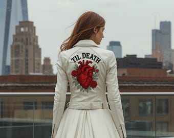 Handmade Bridal Leather Jacket White, Wedding Biker Jacket Women, Custom Embroidered Heart Jacket, Till Death Bridal Outfit
