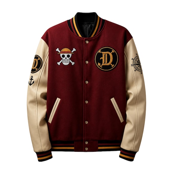 One Piece Anime Vaarsity Jacket, Wool & Real Leather, Straw Hat Pirates Inspired Streetwear, Custom Luffy Style Cosplay Coat, Otaku Gift