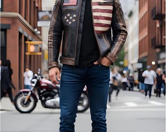 Handmade Vintage American Flag Real Leather Jacket for Men | USA Patriotic Biker Jacket | Gift for him