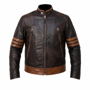 May include: A brown leather jacket with a distressed finish. The jacket has a stand-up collar, a full-length zip, and two zipped pockets on the chest. The sleeves have three brown stripes. The bottom hem is brown.