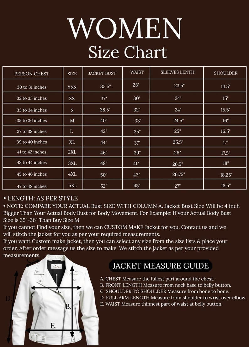 Puede incluir: Una tabla de tallas de chaquetas para mujer, con medidas en pulgadas. La tabla incluye medidas de busto, cintura, largo de manga y hombros para tallas XXS a 5XL. Tambi&eacute;n se muestra una chaqueta de cuero blanca con puntos de medici&oacute;n.