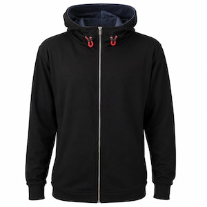 May include: A black zip-up hoodie featuring a high collar with a hood, a silver-toned metal front zipper, and two bright red drawstring toggles at the neckline. The interior of the hood is lined with a contrasting dark blue fabric.