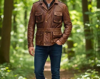 Handmade Men’s Brown Genuine Leather Belted Jacket | Vintage Distressed Leather Safari Coat | Military Style Biker Leather Jacket