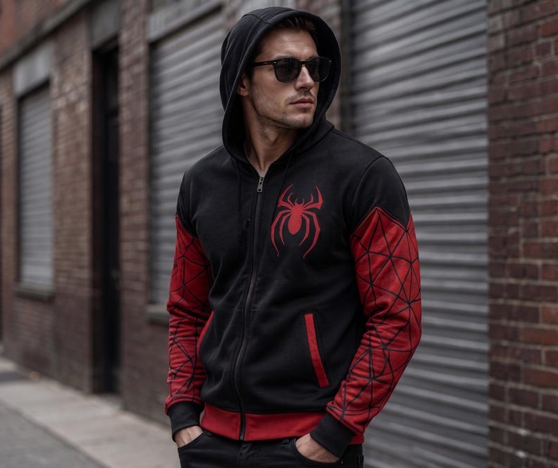 May include: Black zip-up hoodie with a red spider emblem on the chest. The sleeves are red with a black web design. The hoodie has a hood and a red trim along the bottom and pockets.