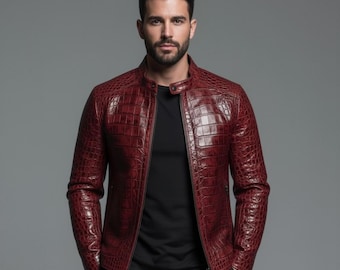 Handmade Vintage Alligator Leather Jacket Men, Crocodile Texture Biker Jacket, Real & Faux Leather Moto Jacket, Wine Red Luxury Jacket