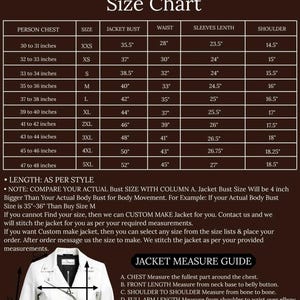 May include: A women's size chart with measurements in inches for jackets. Includes bust, waist, sleeve length, and shoulder measurements. Also shows a white jacket with measurement points labeled A through E for chest, front length, shoulder, arm length, and waist.