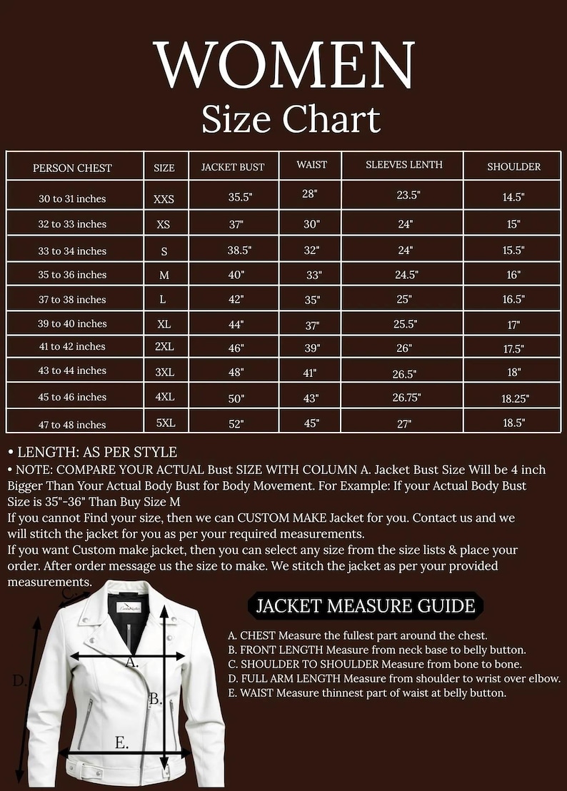 May include: A women's size chart with measurements in inches for jackets. Includes bust, waist, sleeve length, and shoulder measurements. Also shows a white jacket with measurement points labeled A through E for chest, front length, shoulder, arm length, and waist.
