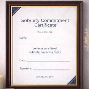 May include: Framed certificate with the text "Sobriety Commitment Certificate." The certificate has a white background with a gold border and a dark brown frame. The text includes spaces for a name, date, and signature. The phrase "One day at a time" is at the bottom.