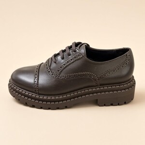Black Leather Cap-Toe Brogue Oxford with Chunky Lug Sole