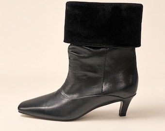 Black Leather Kitten Heel Boot with Fold-Over Suede Cuff