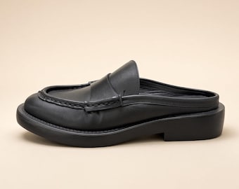Black Leather Backless Loafer Mules