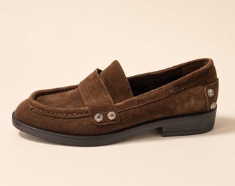 Dark Brown Suede Penny Loafer with Silver Stud Detail