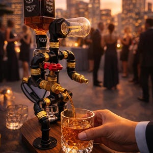 May include: A unique whiskey dispenser made from black pipes and brass fittings, with a lightbulb head and a Jack Daniel's bottle. The dispenser is pouring whiskey into a glass, set on a wooden base. The background shows a city skyline.