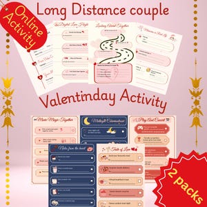Op de afbeelding: Een verzameling afdrukbare Valentijnsdag-activiteitenbladen voor langeafstandskoppels. De bladen bevatten prompts voor het delen van herinneringen, het plannen van dates en het uiten van genegenheid. Het ontwerp heeft een roze en witte kleurstelling met decoratieve elementen.