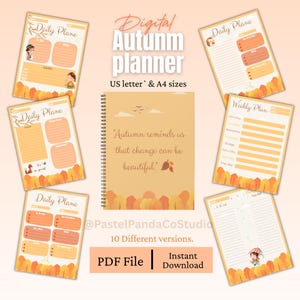 Peut inclure: Un ensemble de planificateurs numériques d'automne avec plusieurs mises en page sur le thème du feuillage orange et jaune. La couverture centrale à spirale affiche le texte : Autumn reminds us that change can be beautiful. Formats A4 et US letter.