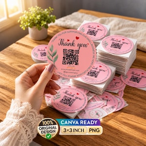 Bewerkbare QR-code bedankstickersjabloon, roze rond label (digitale download)