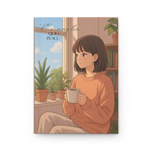 Quaderno con copertina rigida e opaca, illustrazione "Cozy Morning Girl", tema tè e piante, con tema tè e piante.
