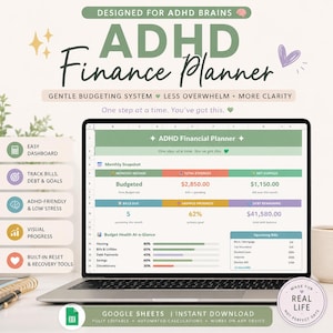 May include: A laptop displaying an ADHD Finance Planner spreadsheet. The screen shows a budget overview with sections for income, expenses, and savings. The planner is designed for ADHD brains and offers features like an easy dashboard and visual progress tracking.