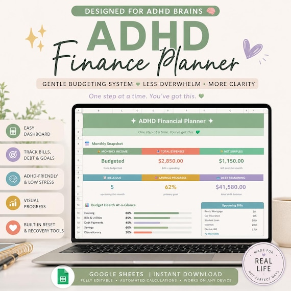ADHD Finance Spreadsheet | Google Sheets Budget Tracker for Neurodivergent Adults | Money Management System