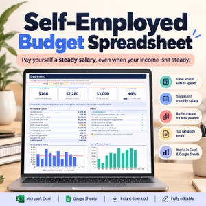 May include: A laptop screen displays a Self-Employed Budget Spreadsheet with a dashboard showing income, salary, and buffer data. The interface includes charts, financial summaries, and a sidebar with icons for spending, salary, buffer, tax, and software compatibility.