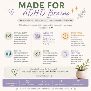 May include: A digital planner infographic titled MADE FOR ADHD Brains. It features sections on finances, simple layouts, brain-based design, time-saving tools, accountability, and non-judgmental prompts. Includes icons like hearts, stars, and a plant.