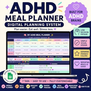 May include: A digital ADHD meal planner displayed on a laptop screen, featuring a weekly grid for breakfast, lunch, dinner, and snacks. The interface includes sections for energy levels, weekly wins, and reminders, with a Google Sheets icon.