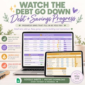 May include: A digital debt and savings tracker displayed on a laptop and tablet screen. The interface features tables for debt payoff and savings goals with progress bars, financial summaries, and text including Watch the Debt Go Down.
