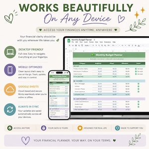 May include: A digital monthly budget planner displayed on a laptop screen and a smartphone. The interface features categories for income, housing, and debt payments with green, blue, and purple accents. Text includes Works Beautifully On Any Device.