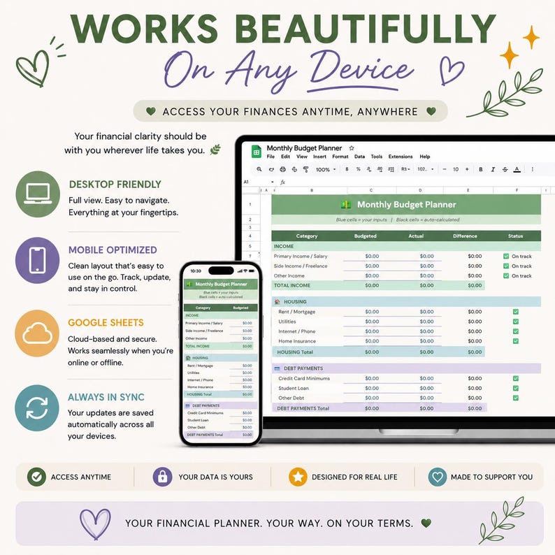 May include: A digital monthly budget planner displayed on a laptop screen and a smartphone. The interface features categories for income, housing, and debt payments with green, blue, and purple accents. Text includes Works Beautifully On Any Device.