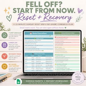 May include: A digital financial planner displayed on a laptop screen titled FELL OFF? START FROM NOW. Reset + Recovery. The interface includes a 7-step checklist, an 8-week log, recovery pages, and affirmations for financial management.