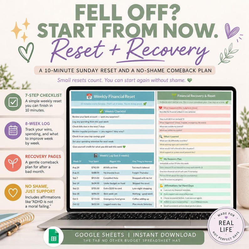 May include: A digital financial planner displayed on a laptop screen titled FELL OFF? START FROM NOW. Reset + Recovery. The interface includes a 7-step checklist, an 8-week log, recovery pages, and affirmations for financial management.