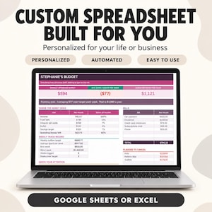 Op de afbeelding: Een laptopscherm met een aangepast budget-spreadsheet genaamd Stephanie's Budget. De interface bevat roze en witte secties voor het bijhouden van wekelijkse uitgaven, rekeningen en inkomsten. Tekst: Custom Spreadsheet Built For You en Google Sheets Or Excel.