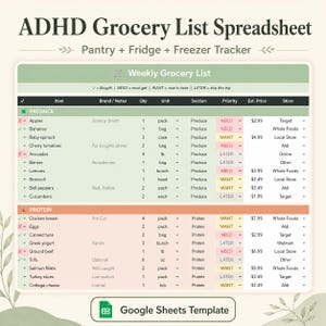 May include: A digital spreadsheet titled "ADHD Grocery List Spreadsheet" with sections for pantry, fridge, and freezer tracking. The spreadsheet includes a weekly grocery list with columns for item, brand, quantity, and priority. The template is for Google Sheets.