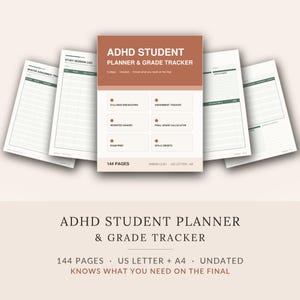May include: An ADHD Student Planner & Grade Tracker with 144 pages in US Letter size. The cover is terracotta and white, featuring sections for syllabus breakdown, assignment tracker, weighted grades, final grade calculator, exam prep, and GPA & credits.