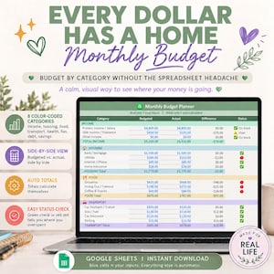 May include: A digital monthly budget planner displayed on a laptop screen, featuring color-coded categories for income, housing, food, and transport. The spreadsheet includes columns for budgeted and actual amounts, with status indicators.