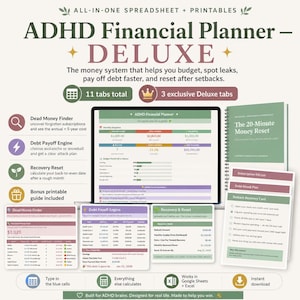 ADHD Budget Spreadsheet Deluxe | Snowball Avalanche Debt Payoff, Subscription Audit | Google Sheets & Excel