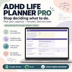 May include: ADHD LIFE PLANNER PRO digital spreadsheet for Google Sheets and Excel. The interface displays a task management system with fields for capacity, minutes, and specific tasks like booking a dentist appointment. Includes icons for task lists, actions, pace tracking, and progress.