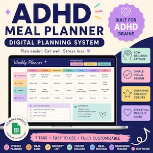 May include: Digital ADHD meal planner with a weekly layout, designed for easy planning and stress reduction. Features include a weekly planner, meal bank, grocery list, and medication tracker. The design is visually appealing with dopamine-friendly colors.