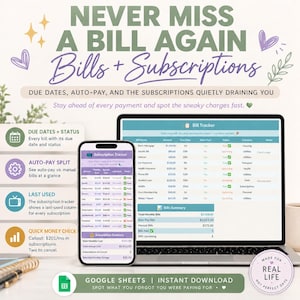 May include: A digital bill and subscription tracker displayed on a laptop and smartphone screen. The interface features columns for bill names, amounts, due dates, and payment status. Text includes NEVER MISS A BILL AGAIN and Bills + Subscriptions.