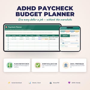 May include: ADHD PAYCHECK BUDGET PLANNER digital tool displayed on a tablet and smartphone. The interface features a green header, columns for pay dates, income, bills, savings, and flexible spending. Includes icons for planning, zero-based math, and printables.