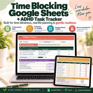 ADHD Time Blocking Google Sheets Planner, Time Block Spreadsheet, Task Tracker (Digital Download)