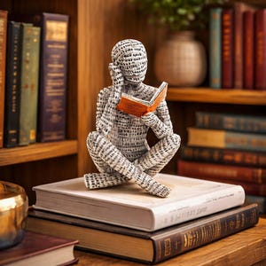 Könnte beinhalten: Eine dekorative Skulptur einer Person, die ein Buch liest und im Schneidersitz sitzt. Die Figur ist weiß mit schwarzem Text und hält ein orangefarbenes Buch. Die Skulptur steht auf einem Stapel Bücher, mit einem Bücherregal im Hintergrund.