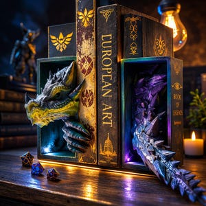 Könnte beinhalten: Ein Bücherregal mit Fantasy-Motiv und Drachendesign. Das Bücherregal zeigt einen Drachenkopf und -schwanz, die aus den Buchstützen herausragen. Die Bücher haben goldene Buchstaben und dekorative Akzente. Das Farbschema umfasst Blau, Gold und Grün.