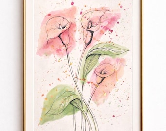 Handgemaltes Aquarell Blumen Trio A3 – Pfirsich Narzisse, pinker Lotus, Calla Lilie Botanische Kunst