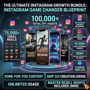 May include: A digital marketing bundle graphic titled The Ultimate Instagram Growth Bundle: Instagram Game Changer Blueprint. It features four smartphones displaying various content types, surrounded by icons, text boxes, and neon light accents.