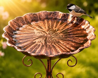 Rustic Copper Leaf Bird Bath with Stake, Outdoor Standing Metal Bird Feeder & Water Bowl, Vintage Garden Yard Decor for Wild Birds